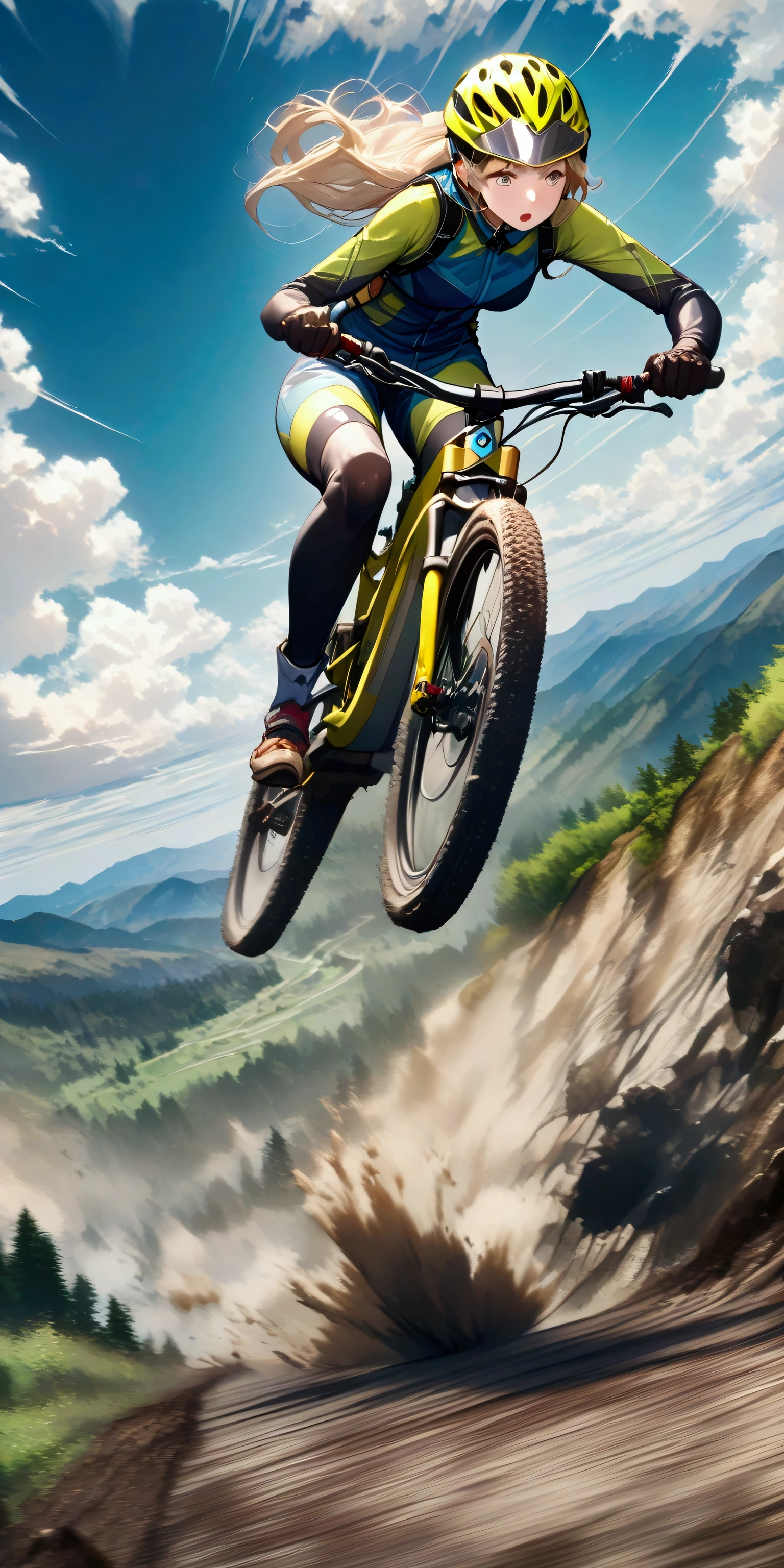 
quality\(masterpiece, best quality,8k,wallpaper of extremely detailed CG unit,hight resolution,top-quality,top-quality real texture skin,hyper realisitic,increase the resolution,RAW photos,best qualtiy,highly detailed,the wallpaper\), BREAK ,solo,1girl\(on mountainbike\(motion blur:1.2\), (downhill:1.4), jumping down dangerous cliff, rider, downhill outfit\(full face helmet, mud stains, protector, visor,Goggle\(Prism Spectre reflections\)\),blonde,long hair,floating hair, (dynamic action:1.7)\), BREAK ,background\(nature, heavy cloud, sunlight coming between clouds ,heavy rain, mud, dust,\), (dynamic angle:1.6),longshot,wide shot, landscape,from above