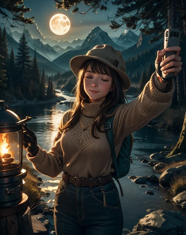 1 woman((upper body selfie, happy)), masterpiece, best quality, ultra-detailed, solo, outdoors, (night), mountains, nature, (stars, moon) cheerful, happy, backpack, sleeping bag, camping stove, water bottle, mountain boots, gloves, sweater, hat, flashlight, forest, rocks, river, wood, smoke, shadows, contrast, clear sky, analog style (look at viewer:1.2) (skin texture) (film grain:1.3), (warm hue, warm tone)