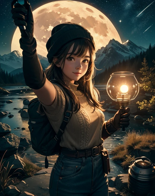 1 woman((upper body selfie, happy)), masterpiece, best quality, ultra-detailed, solo, outdoors, (night), mountains, nature, (stars, moon) cheerful, happy, backpack, sleeping bag, camping stove, water bottle, mountain boots, gloves, sweater, hat, flashlight, forest, rocks, river, wood, smoke, shadows, contrast, clear sky, analog style (look at viewer:1.2) (skin texture) (film grain:1.3), (warm hue, warm tone)