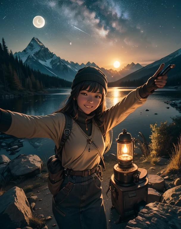 1 woman((upper body selfie, happy)), masterpiece, best quality, ultra-detailed, solo, outdoors, (night), mountains, nature, (stars, moon) cheerful, happy, backpack, sleeping bag, camping stove, water bottle, mountain boots, gloves, sweater, hat, flashlight, forest, rocks, river, wood, smoke, shadows, contrast, clear sky, analog style (look at viewer:1.2) (skin texture) (film grain:1.3), (warm hue, warm tone)