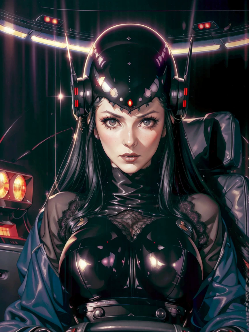 (((gothic vampire piloting) in gothic spacecraft)), (((retro anime))), (((from below))), ((120 fov)), ((((gothic)) control panels)), (((mature))), (((gothic))), (iridescent) bodysuit, ((((lace accessories)))), ((pilot seat)), ((((lying back)) pose)), (((elegant))), (((serious tone))), ((cockpit top control panel)), intricate control panel details, close-up, 1990s (style), masterpiece, ((claustrophobic)), best quality, screens, ((pilot helmet)), night, ((low key light)), (colorful cockpit lights), sparkles, (dramatic lighting), sweat, [blushing], [[pointy ears]], (dark background)