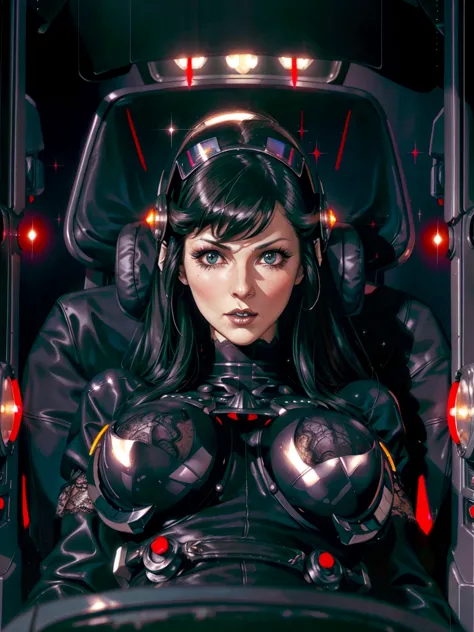 (((gothic vampire piloting) in gothic spacecraft)), (((retro anime))), ((from below)), ((120 fov)), ((((gothic)) control panels)...