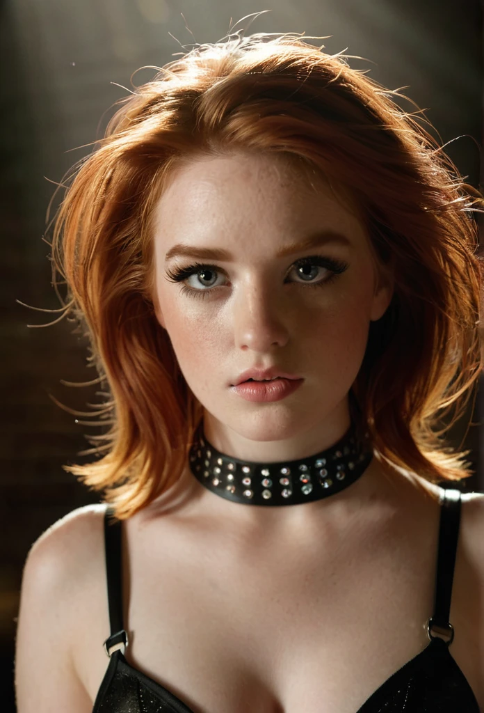 a redheaded girl, 12 years old, wearing a huge bra harness, beautiful detailed eyes, beautiful detailed lips, extremely detailed eyes and face, long eyelashes, photorealistic, 8k, high quality, dramatic lighting, fantasy, dark moody, cinematic, chiaroscuro