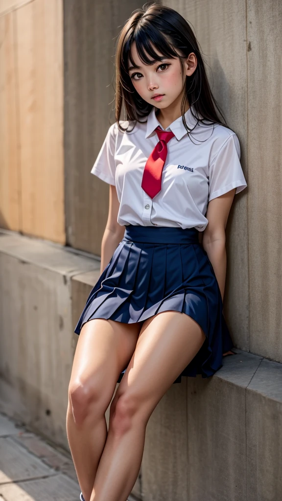 ((anime, Professional Anime style, A fair-skinned young woman with waist-length dark brown hair and brown eyes. She is described as a very pretty and attractive girl., and is often seen wearing the standard , consisting of a white shirt with a red tie, an ultra-short navy blue pleated mini skirt and brown shoes))