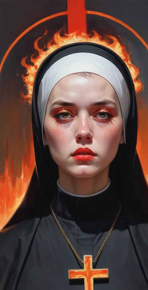 painting of a nun with a cross and a burning head, krenz cushart, direction: martine johanna, guweiz masterpiece, artwork in the...