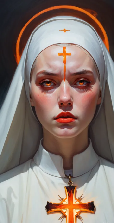 painting of a nun with a cross and a burning head, krenz cushart, direction: martine johanna, guweiz masterpiece, artwork in the...