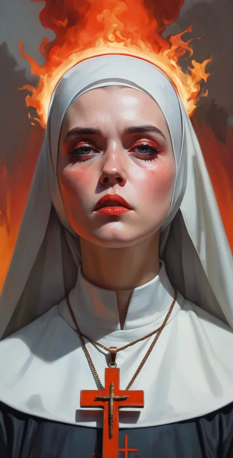 painting of a nun with a cross and a burning head, krenz cushart, direction: martine johanna, guweiz masterpiece, artwork in the...