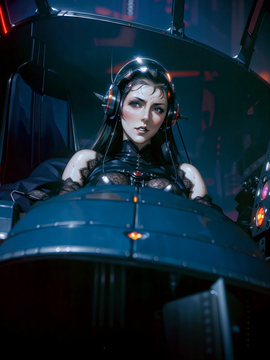 (((gothic vampire piloting) in gothic spacecraft)), (((retro anime))), ((from below)), ((120 fov)), ((((gothic)) control panels)), (((mature))), (((gothic))), (iridescent) bodysuit, ((((lace accessories)))), ((pilot seat)), ((((lying back)) pose)), (((elegant))), (((serious tone))), ((cockpit top control panel)), intricate control panel details, close-up, 1990s (style), masterpiece, ((claustrophobic)), best quality, screens, ((pilot helmet)), night, ((low key light)), (colorful cockpit lights), sparkles, (dramatic lighting), sweat, [blushing], [[pointy ears]], (dark background)