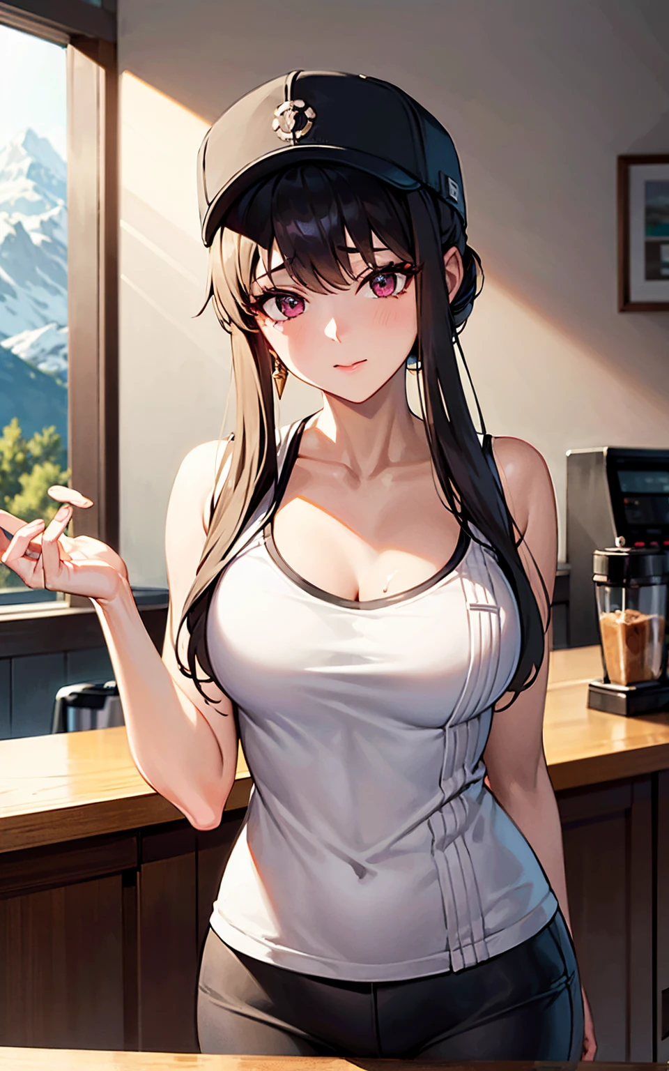 (best quality), perfect image, masterpiece,(26 year old woman)barista, yoga pants, brown hair, black tanktop with made up company logo across the chest, working at a locally owned coffee shop, working behind the counter with your cute coworker, ponytail, large window in background, medium sized breasts, a beautiful mountain range is visable through the window, looking at viewer, absolutely beautiful scene, cinamatic masterpiece, cleavage, aunt june, squinting, deep purple eyesd, (black baseball hat)