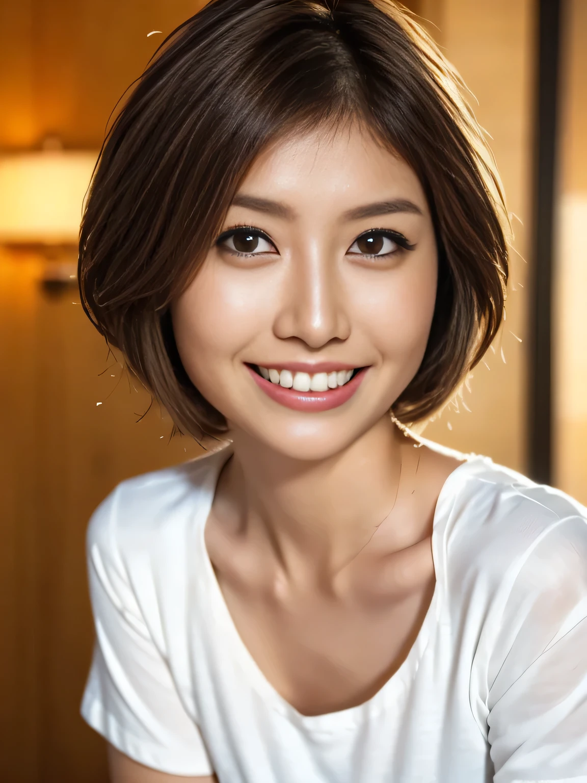 One Japanese woman、30 years old、Close-up photo with focus on face、Short Bob Cut Hair、Black Background、Focused eyes、Detailed eyes、Detailed face、Light brown hair、White T-shirt、Brown eyes、Smiling with teeth showing、
