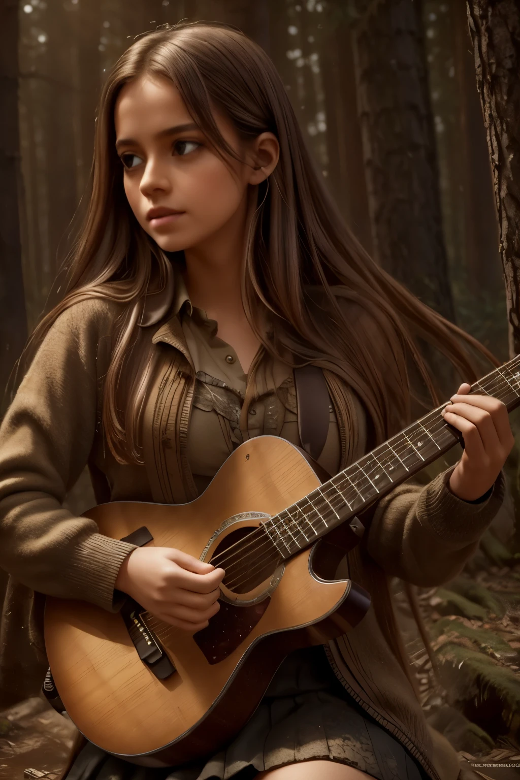 Create an awe-inspiring digital artwork that captures the serene beauty of an ancient forest at twilight. The scene should feature towering trees bathed in soft, golden light filtering through the foliage, casting gentle shadows on the lush undergrowth. a girl playing electric guitar,beautiful detailed eyes,beautiful detailed lips,extremely detailed eyes and face,longeyelashes,solo musician,electric guitar,rock music,stage performance,dramatic lighting,dark background,cinematic,photorealistic,studio lighting,8k,best quality,masterpiece,ultra-detailed,vibrant colors,dramatic shadows, The image should evoke a sense of tranquility and wonder, inviting viewers to immerse themselves in the enchanting realm of nature.