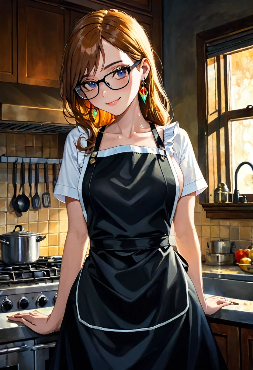 very sexy girl, long straight brown hair, colorful earrings, large square glasses, wearing only a kitchen apron, in the kitchen cooking, small breasts, smiles, adorable, oil painting, chiaroscuro, sensual and dramatic lighting, atmosphere moody, photorealistic, intricate details, masterpiece, ultra detailed, high quality, 8k, best quality, realistic, cinematic, dark and brooding, expressionistic, powerful composition, emotional impact, art inspired by Bill Sienkiewicz
