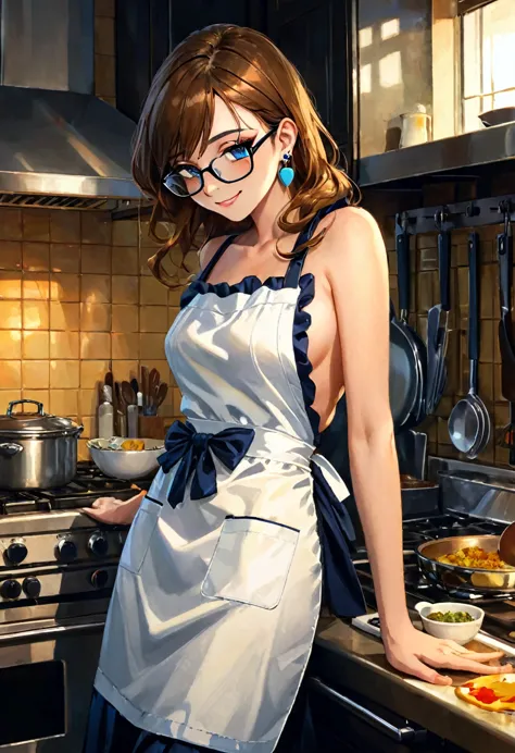 very sexy girl, long straight brown hair, colorful earrings, large square glasses, wearing only a kitchen apron, in the kitchen ...