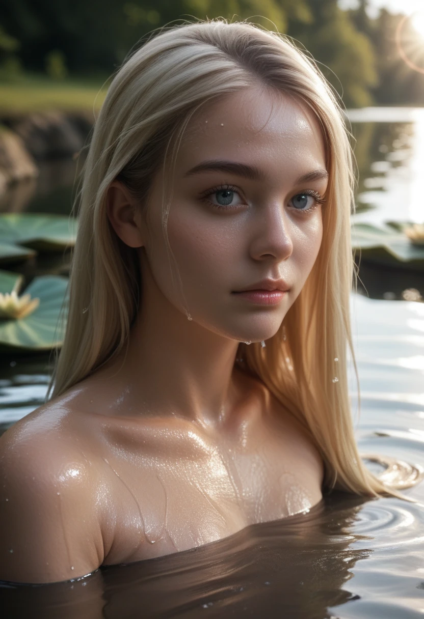 RAW photo, 20 year old Brazilian, blonde balayage, close-up portrait, Swimming in the lake, She's waist-deep in water,  completely naked, Summer sunshine, Shiny skin, wet skin, skin pores, wet hair, water lily, (soft lighting), realistic, masterpiece, top quality, lens flare, [[chromatic aberration]],best shadow, photorealism, hyperrealism