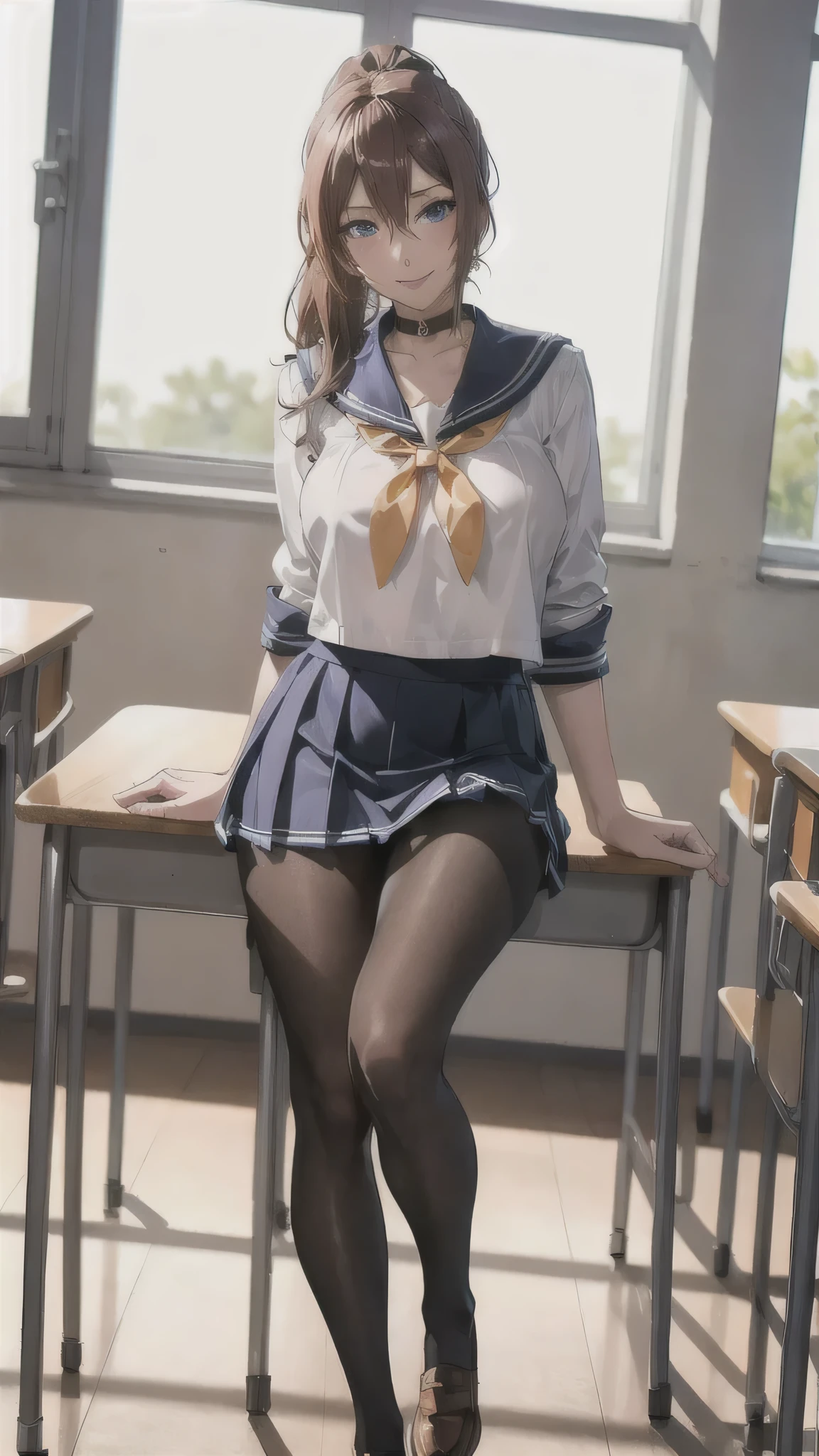 ((High-School-Mädchen)),((Schuluniform)),((weiße Bluse)),(((Falten-Minirock))), ((Ein schüchternes Lächeln)),((schöne Füße)),((schöne Beine)),ultrahohe Auflösung, erwachsene Frau, erwachsene Frau, Sehr detailiert, ((große Brüste)), perfekte Hände, detaillierte Finger, schöne Details, (((Matrosenanzug))),((lange Haare)),((Pferdeschwanz)),schwarzes Halsband, Ohrringe,Halbschuhe,(schwarze Strumpfhose), (schwarze Strümpfe),perfekte Augen, verführerische Augen, schulklassenzimmer,Vor der Kanzel stehen