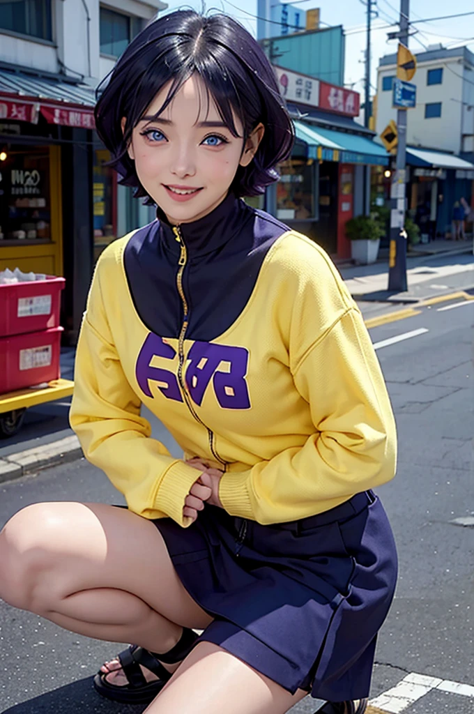 1girl, himawari anime naruto shipudden, short hair , purple hair, blue eyes, beautiful, Yellow clothes , smile, realistic clothes, detail clothes, city background, ultra detail, realistic