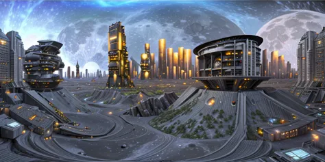 futuristic city on the moon, black sky, octane render, hyperdetailed, 360 degrees panorama, virtual reality