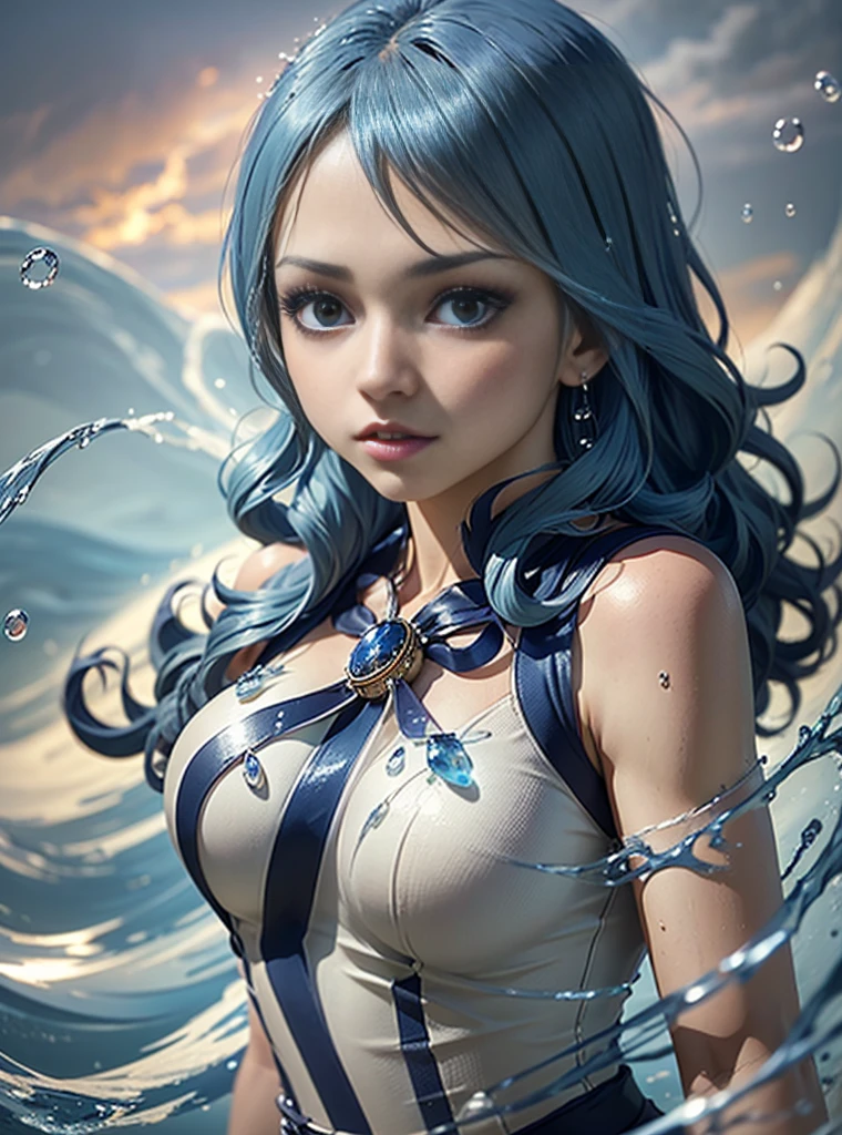 (Juvia Lockser:1.2), (Fairy Tail:1.2), water mage, (flowing blue hair:1.2), ((masterpiece:1.4, best quality)), ((masterpiece, best quality)), (photo realistic:1.4), 1girl, (magical girl), ((water manipulation)), elegant outfit, (flowing dress:1.2), serene expression, (water droplets:1.2), magical aura, (stormy background), 20 year old, sexy pose, close up,professional lighting, physically-based rendering, (magical staff), big blue eyes, sexy, mature , casting spell, (water elements:1.2), underwater effect, professional lighting, majestic, enchanting, detailed water effects, ((ethereal glow)), perfect image quality, rich detail