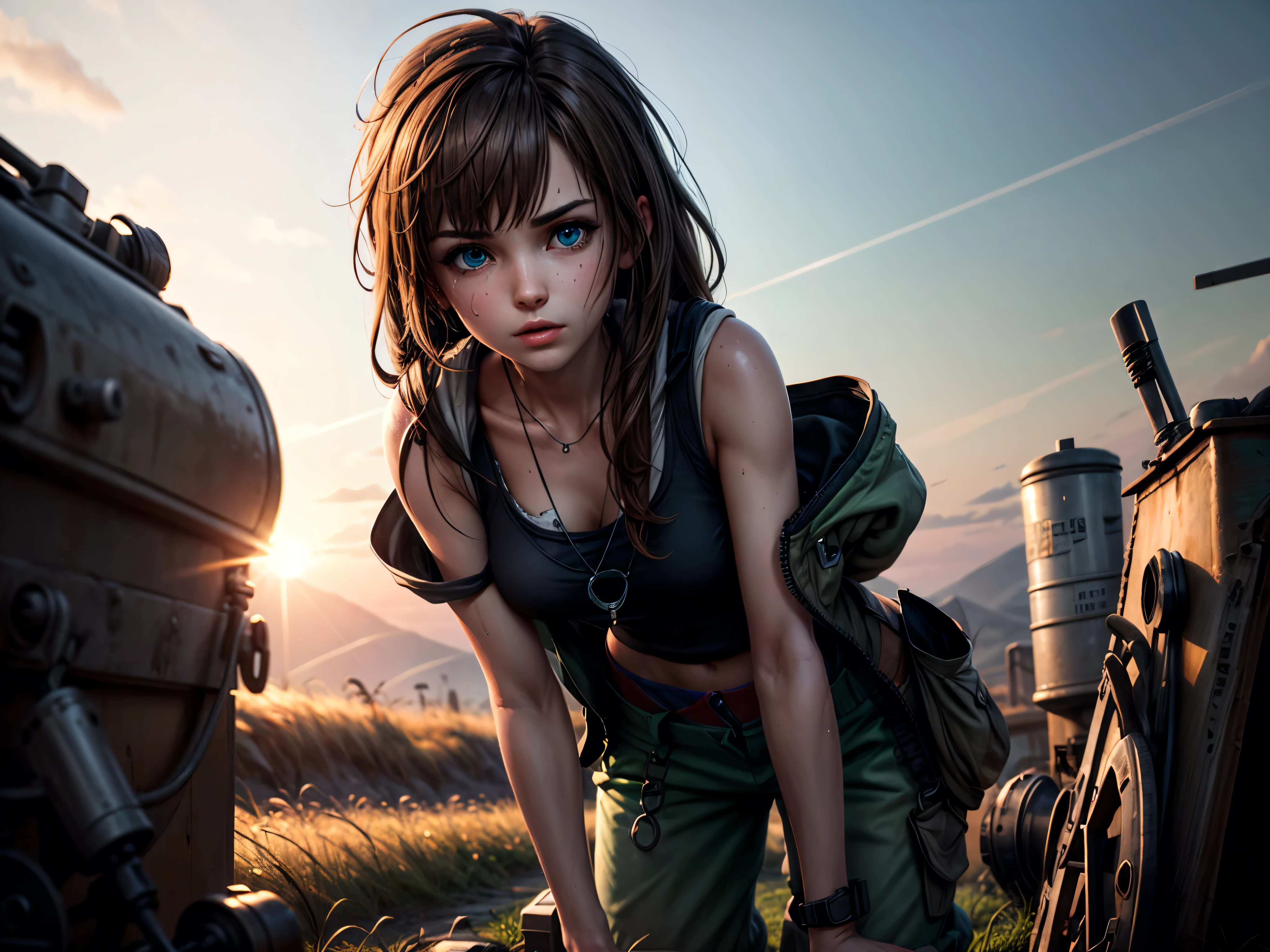 masterpiece, highest quality, (solo focus), (perfect face:1.1), (high detail:1.1), 1girl, repairing machine, brown hair, ((long hair)), blue eyes, white tank top, ((baggy green pants)), jacket around waist, ((wrench)), holding wrench, crouching, crouching on tank, army tank, ((grease stains)), sweaty, glistening skin, detailed background, field of tall grass, sun, lens flare, cinematic lighting
