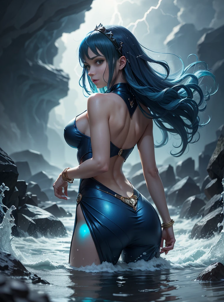 (Juvia Lockser:1.2), (Fairy Tail:1.2), water mage, (flowing blue hair:1.2), ((masterpiece:1.4, best quality)), ((masterpiece, best quality)), (photo realistic:1.4), 1girl, (seductive pose), ((sexy back and side pose)), sleek form-fitting outfit, intricate details, magical flair, (bare shoulders), confident expression, playful expression, stormy background, swirling water elements, lightning, dramatic lighting, shadows, shimmering water droplets, glowing magical aura, elegant accessories, rich colors, deep blues, purples, professional lighting, physically-based rendering, enchanting, alluring, attractive, Rich Detail, Perfect Image Quality