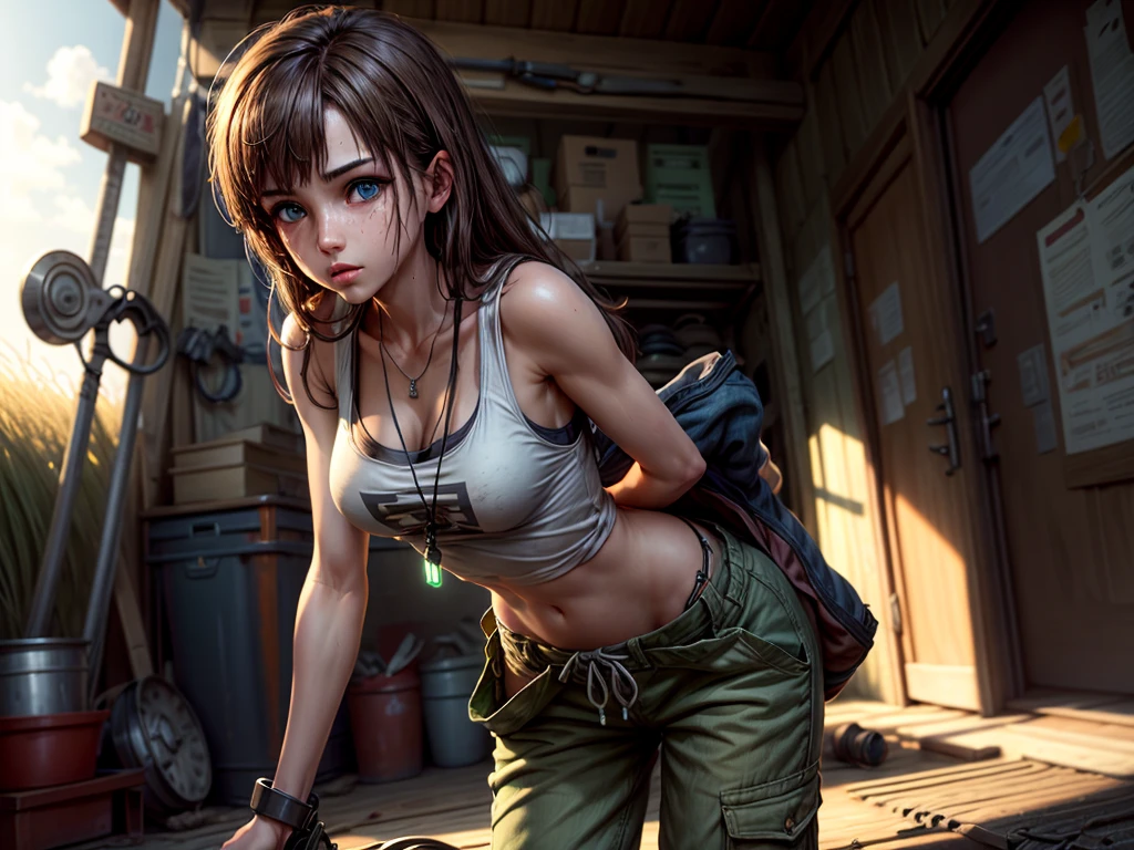 masterpiece, highest quality, (solo focus), (perfect face:1.1), (high detail:1.1), 1girl, repairing machine, brown hair, ((long hair)), blue eyes, white tank top, ((baggy green pants)), jacket around waist, ((wrench)), holding wrench, crouching, crouching on tank, army tank, ((grease stains)), sweaty, glistening skin, detailed background, field of tall grass, sun, lens flare, cinematic lighting
