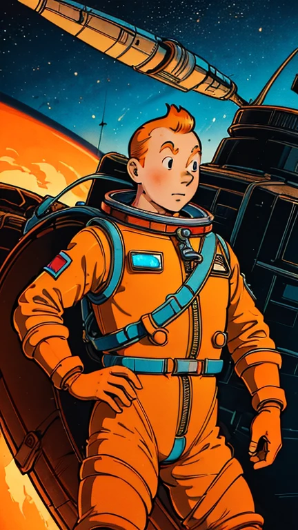 (Teens:1man: Tintin), (extremely detailed CG unit 8k wallpaper),(master part), (best quality), (ultra detali), (best illustration),(Osamu Tezuka), cowboy shot, (Sharp eyeliner, ombre, detailed eyes:1),Dark midnight derelict spaceship interiors background, ,break , (astronaut in an orange space suit), upper body, short hair, orange hair