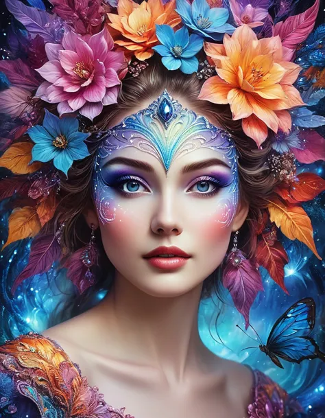 (best quality, ultra-detailed, realistic:1.37), captivating surrealism, mesmerizing female fantasy face, vibrant colors, etherea...