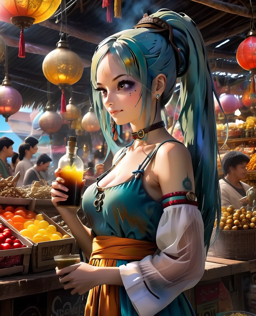 art in 4D vivid colors high quality sombria art sexy jack Sparrow + Bulma DBZ fênix Portrait front view of a girl standing in a mystical marketplace, with Gold withe hair in a flowing ponytail, in a dynamic pose, she is holding a glass of bubbling potion out to the view black eye in the background are busy vendors, and magical light and smoke from the various market stalls. trending on artstation, sharp focus, studio photo, intricate details, highly detailed,