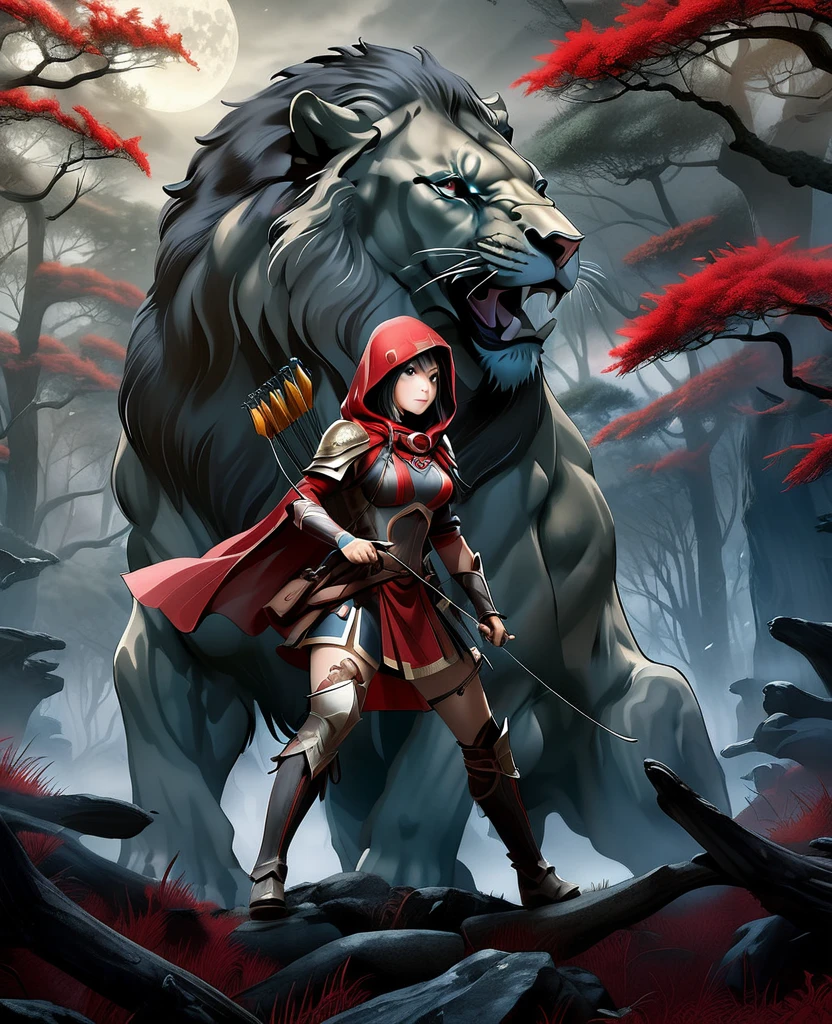 anime 2.5D art by aaron horkey epic poster, hooded female archer with crossbow on back doing crouching pose with red withe and dark armor and his pet lion dark mystical forest, very misty and stormy night, watercolor painting, Jean-Baptiste Monge style,realistic lights, realistic shadows, magic, dark fantasy, digital art, wlop, 8k artistic photography, photorealistic concept art, soft natural volumetric cinematic perfect light, rim lighting, , trending on artst