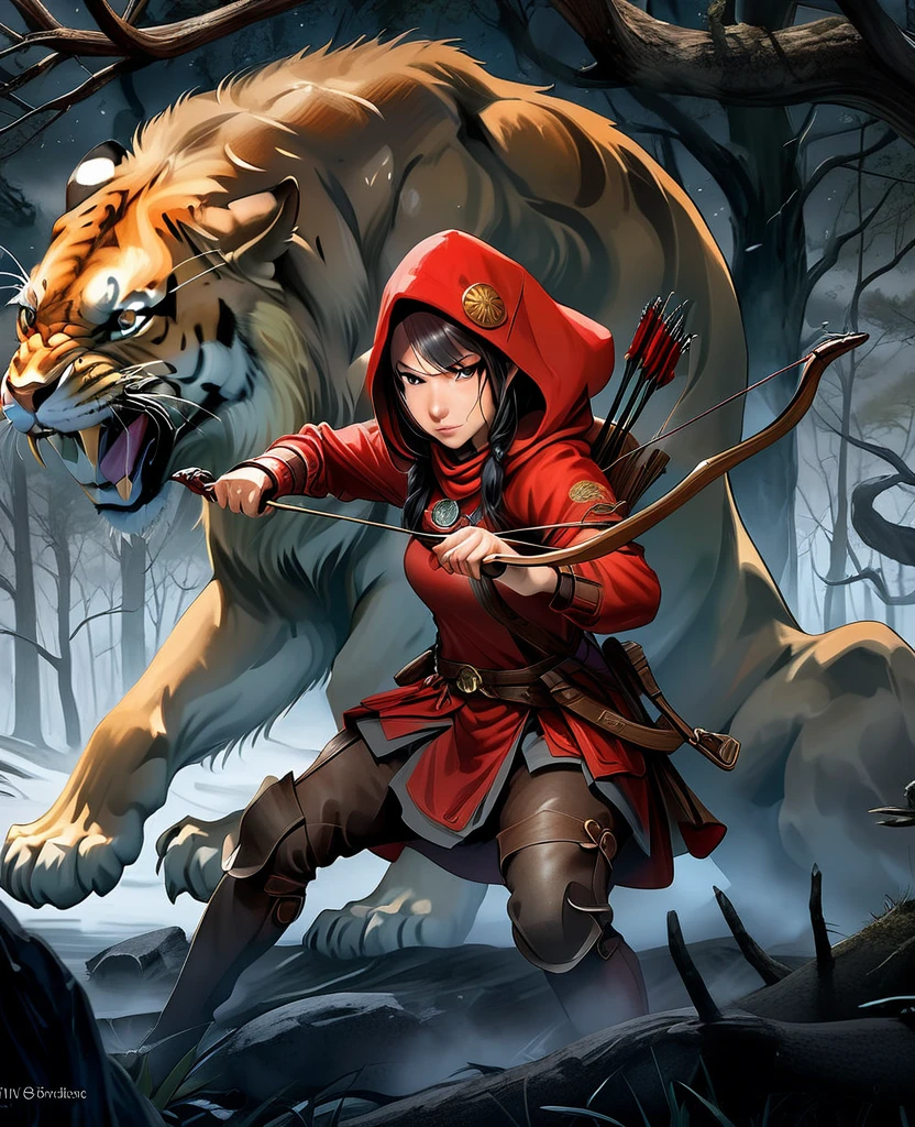 anime 2.5D art by aaron horkey epic poster, hooded female archer with crossbow on back doing crouching pose with red withe and dark armor and his pet lion dark mystical forest, very misty and stormy night, watercolor painting, Jean-Baptiste Monge style,realistic lights, realistic shadows, magic, dark fantasy, digital art, wlop, 8k artistic photography, photorealistic concept art, soft natural volumetric cinematic perfect light, rim lighting, , trending on artst