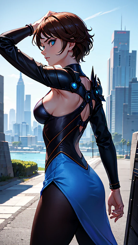 A fierce woman stands alone, her blue eyes piercing through the darkness as she gazes off into the distance. Her brown hair cascades down her back, framing her medium-sized breasts. She wears a sleek bodysuit, adorned with intricate armor, as she stands in profile against a futuristic cityscape. In the distance, a dragon-like creature soars through the sky, hinting at the sci-fi world she inhabits.