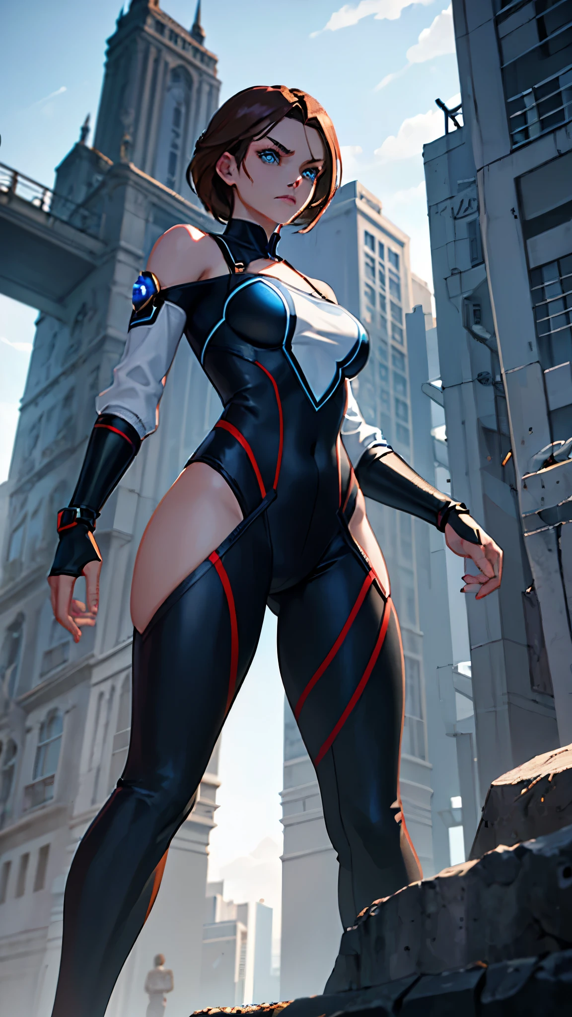 A fierce woman stands alone, her blue eyes piercing through the darkness as she gazes off into the distance. Her brown hair cascades down her back, framing her medium-sized breasts. She wears a sleek bodysuit, adorned with intricate armor, as she stands in profile against a futuristic cityscape. In the distance, a dragon-like creature soars through the sky, hinting at the sci-fi world she inhabits.