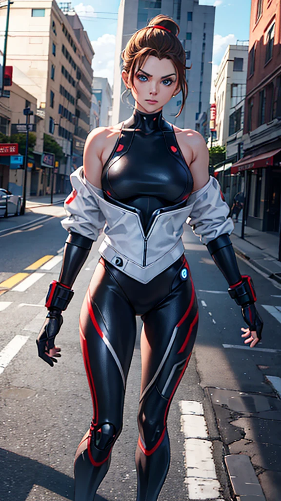 With a confident stance, the cyborg woman surveys her surroundings. Her piercing blue eyes scan the horizon, taking in every detail of the post-apocalyptic landscape. Her brown hair is pulled back into a ponytail, revealing the intricate circuitry and metal plating that covers her body. Despite her robotic enhancements, her medium-sized breasts are still visible, a reminder of her humanity. She wears a sleek bodysuit, a perfect blend of form and function, as she prepares for battle against the unknown.