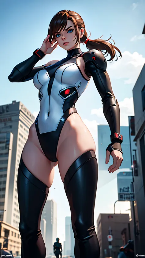 with a confident stance, the cyborg woman surveys her surroundings. her piercing blue eyes scan the horizon, taking in every det...