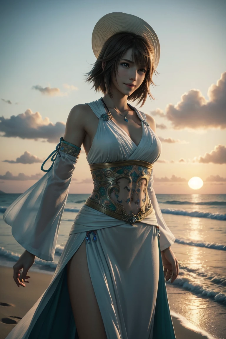 The best one,Yuna,Final Fantasy 10,FF10,Medium Hair,Brown hair,Let your bangs down,Beautiful green and blue odd eyes,,Beautiful and tall nose,Photorealistic,Ultra HD,high quality,masterpiece,Digital SLR,Detailed details,Intricate details,Anatomical basis,Depicted in detail,A detailed face,Realistic skin texture,Vivid details,Perfect Anatomy,Perfect Anatomy,Anatomically correct hand,Anatomically correct fingers,Super Detail,Complex 3D rendering,Huge ,Sexy pose,Final Fantasy 10の美しい世界,White long dress,White Hat,Beautiful sunset,Beautiful beach at sunset,Fantastic beaches,Fantasy worldview,Picturesque,Pink Lips,smile,