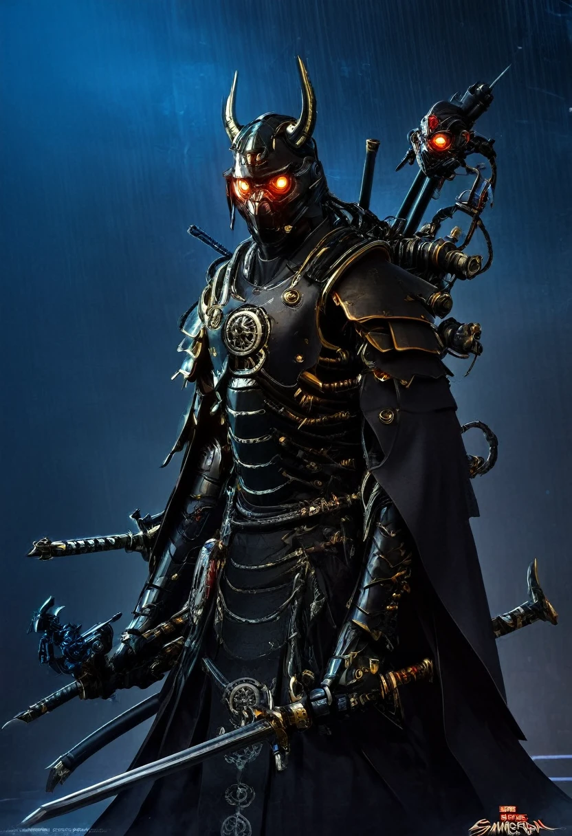 araffe dressed in a black suit holding a sword and a sword, cyborg samurai, cyber japan samurai armor, cyberpunk samurai, very beautiful cyberpunk samurai, full samurai armor spiderman, bio - mechanical ninja samurai, portrait of a cyberpunk samurai, cyber japan style armor, cyber japan armor, celtic and cyberpunk armor, black bull samurai, intricate assasin mecha armor