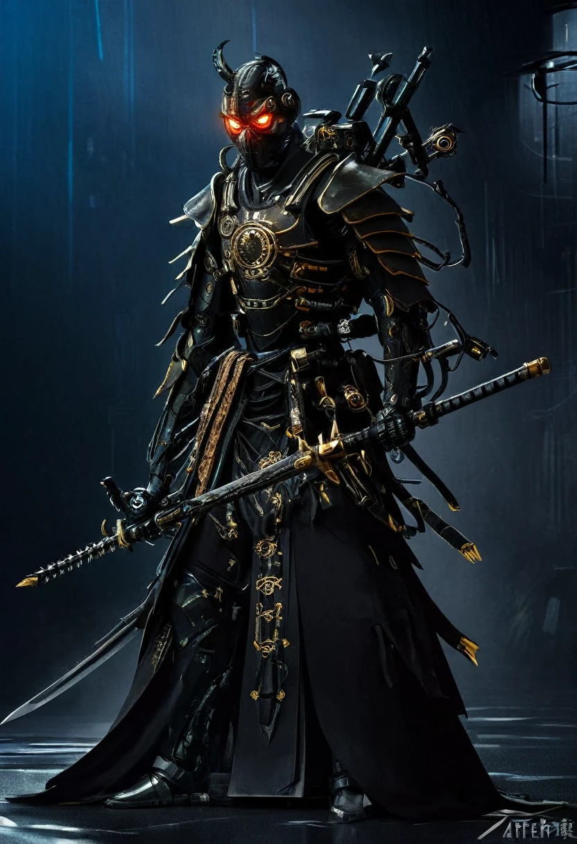 Araffe in einem schwarzen Anzug mit einem Schwert und einem Schwert, Cyborg-Samurai, Cyber-Japan-Samurai-Rüstung, cyberpunk samurai, sehr schöne Cyberpunk-Samurai, Volle Samurai-Rüstung Spiderman, biomechanischer Ninja-Samurai, portrait of a cyberpunk samurai, Cyber-Rüstung im japanischen Stil, cyber japan armor, celtic and cyberpunk armor, Schwarzer Stier-Samurai, komplizierte Assassinen-Mecha-Rüstung