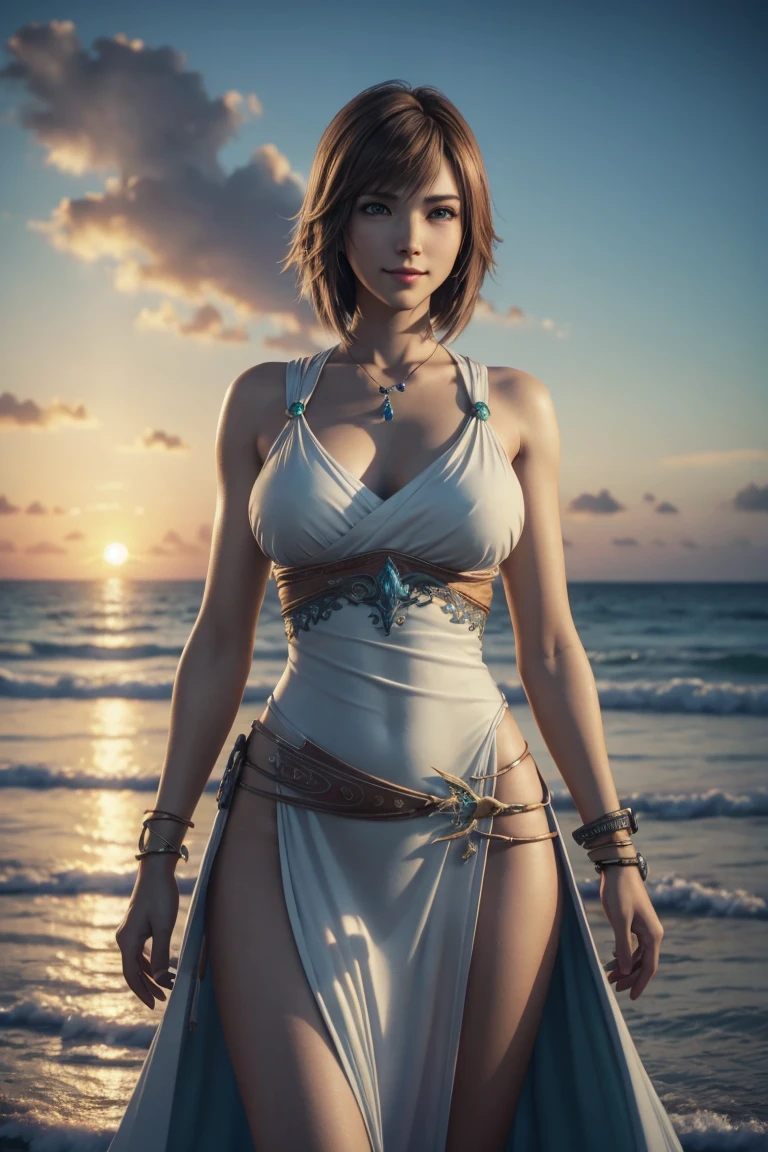 The best one,Yuna,Final Fantasy 10,FF10,Medium Hair,Brown hair,Let your bangs down,Beautiful green and blue odd eyes,,Beautiful and tall nose,Photorealistic,Ultra HD,high quality,masterpiece,Digital SLR,Detailed details,Intricate details,Anatomical basis,Depicted in detail,A detailed face,Realistic skin texture,Vivid details,Perfect Anatomy,Perfect Anatomy,Anatomically correct hand,Anatomically correct fingers,Super Detail,Complex 3D rendering,Huge ,Sexy pose,Final Fantasy 10の美しい世界,White long dress,Beautiful sunset,Beautiful beach at sunset,Fantastic beaches,Fantasy worldview,Picturesque,Pink Lips,smile,