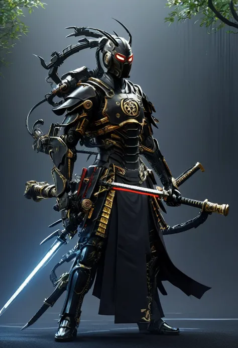 araffe dressed in a black suit holding a sword and a sword, cyborg samurai, cyber japan samurai armor, cyberpunk samurai, very b...