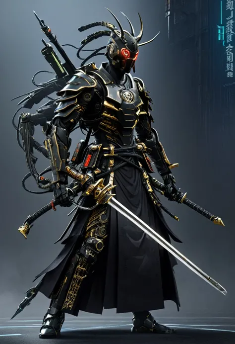 araffe dressed in a black suit holding a sword and a sword, cyborg samurai, cyber japan samurai armor, cyberpunk samurai, very b...