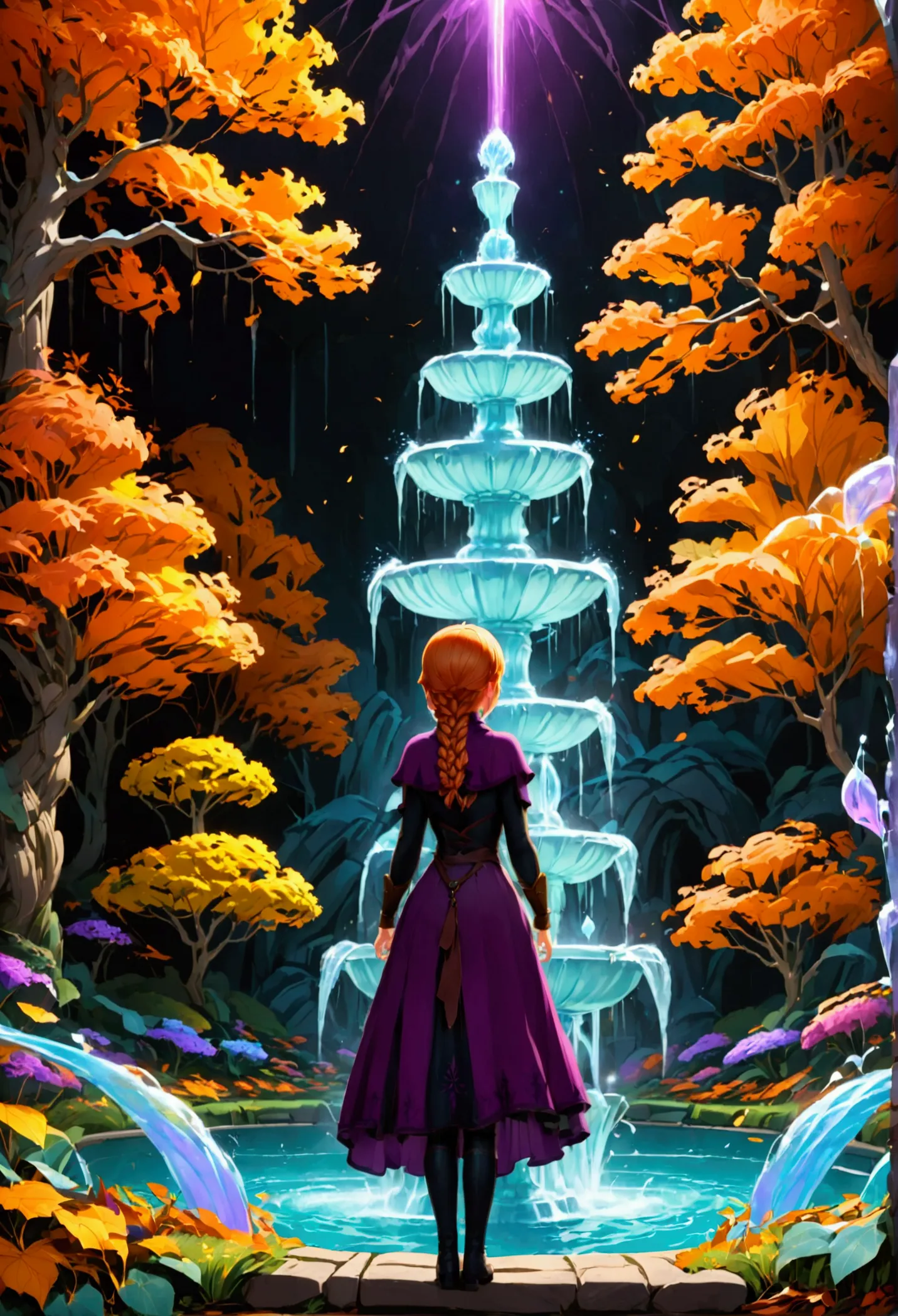 1 girl, anna \(frozen\), anna of arendelle, black boots, black tunic purple cloak, alone, twin braids, braid, orange hair, upper...