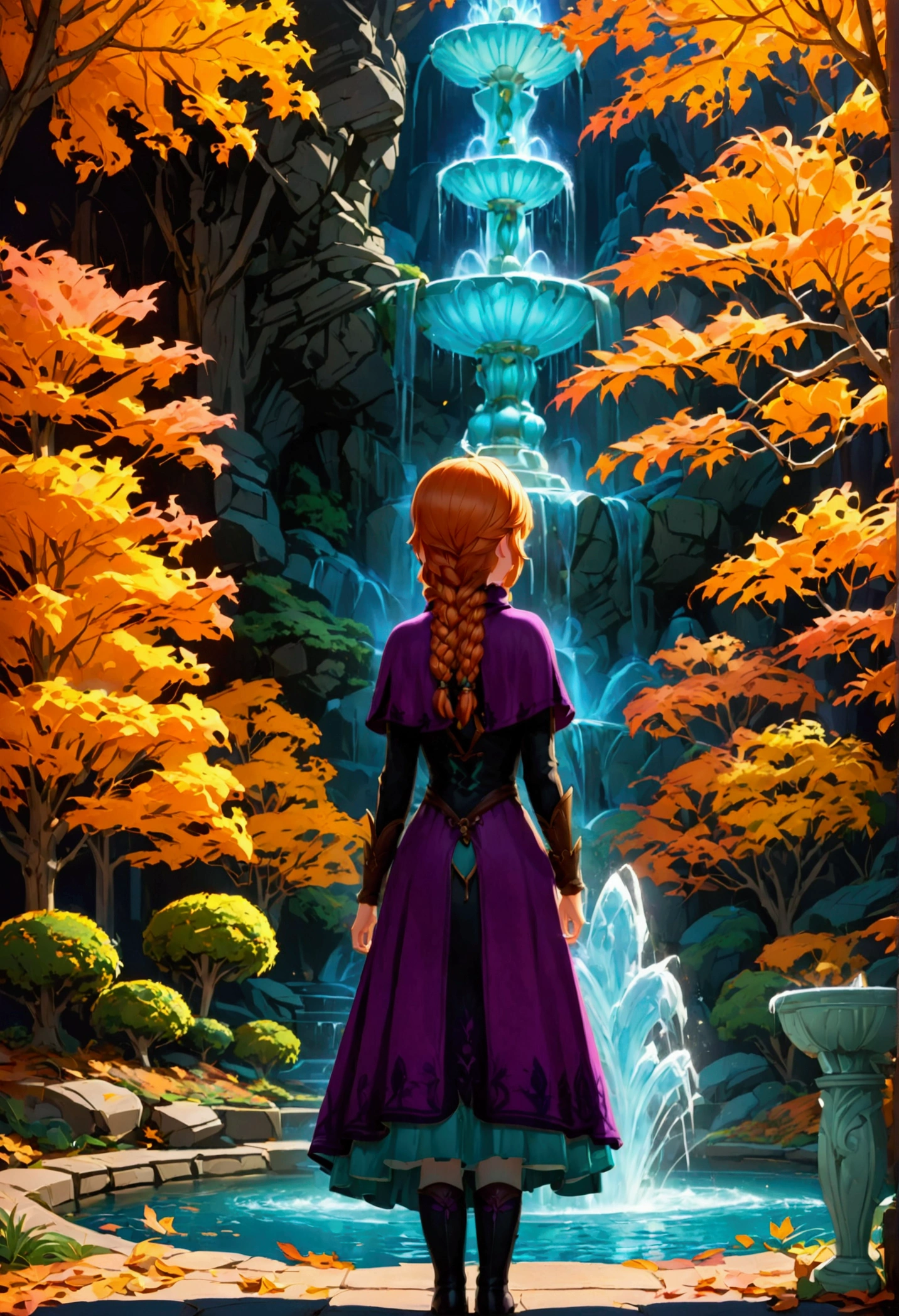 1 girl, Anna \(frozen\), Anna of arendelle, black boots, black tunic purple cloak, Alone, twin braids, braid, Orange hair, Upper part of the body, by the wide, wormlight, Alone, Disney, (back view, from behind:1.4), autumn, cheered up screenshot, fountain_cheered up, dramatic composition, cinematic dynamic action scene, vibrant colors, cinematic lighting, dramatic lighting, Best Quality, masterpiece, very aesthetic, perfect composition, intricate details, ultra detailed, big ass