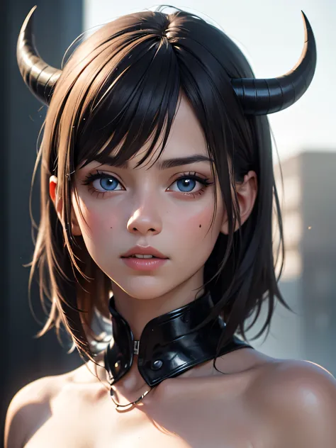 nude anime girl with short pointed horns, detailed portrait, beautiful detailed eyes, extremely detailed face and features, intr...
