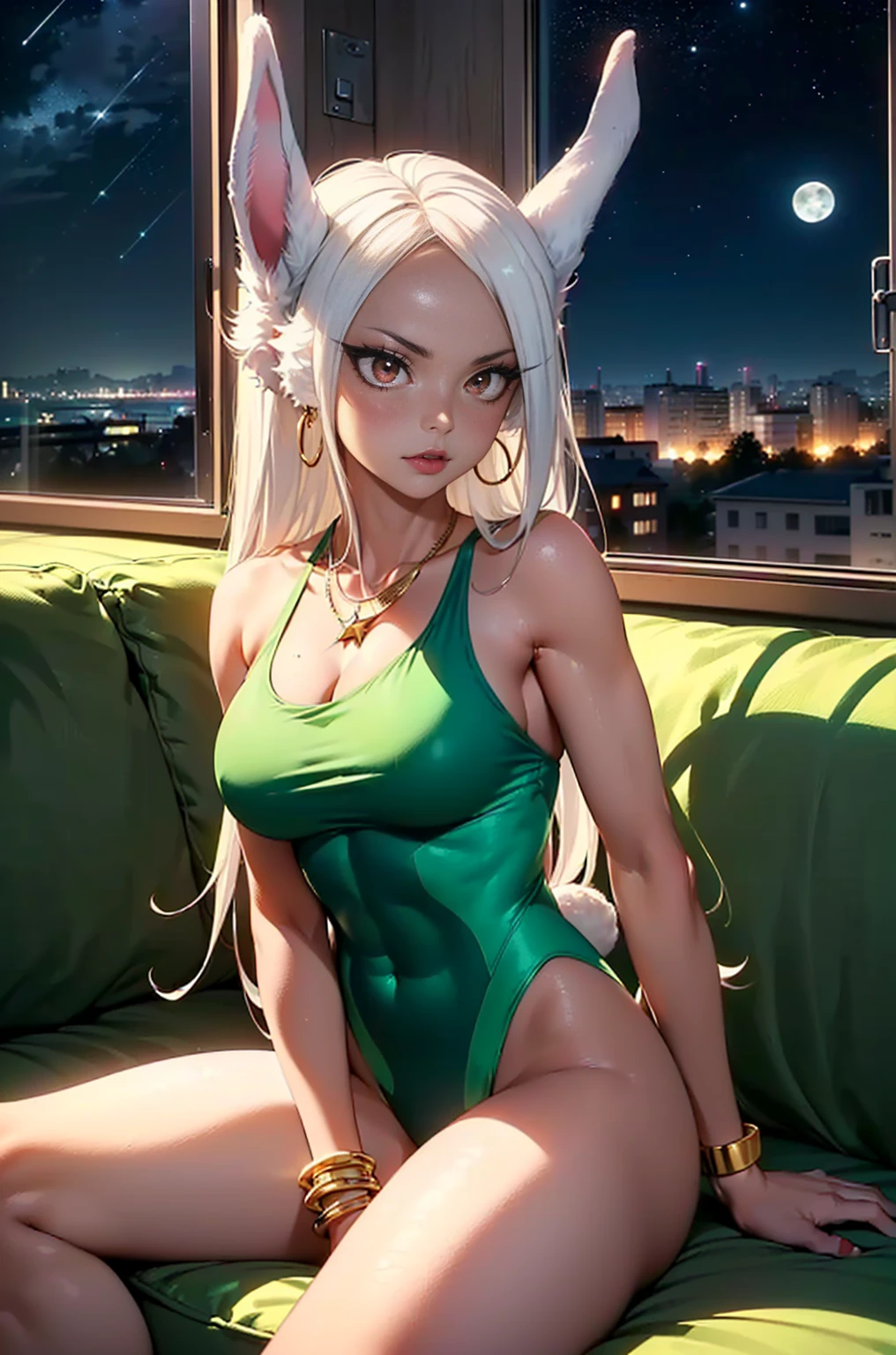 (((1girl, solo, mirko, mirkomha, boku no hero academia, (white hair, red eyes, long hair, rabbit ears, dark skin), lipstick, gold earrings, muscular, fitness)), sensual pose, Beautiful, bracelets, diamond necklace)), ((solo, 1woman, pink lipstick, Extremely detailed, ambient soft lighting, 4k, perfect eyes, a perfect face, perfect lighting, a 1girl)), austere, ((fitness,, shapely body, athletic body, toned body)), (( green swimsuit, sitting on the sofa, apartment, window in the background, city in the background, night, full moon, stars ))