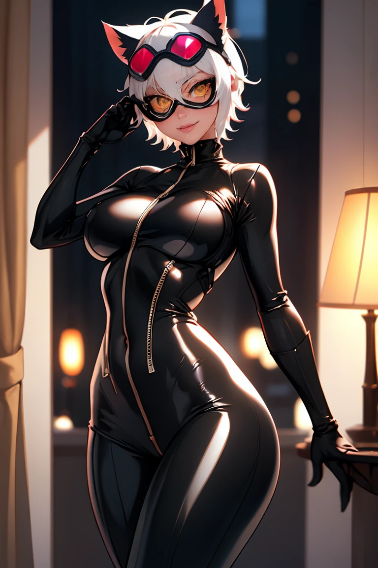 (masterpiece, best quality:1.2), white hair, yellow eyes, short hair, cat ears, cat hair ornament, catwoman, 1girl, solo, breasts, looking at viewer, smile,  (cat ears, goggles, goggles on head), huge breasts, navel, open clothes, black bodysuit, night, curtains, center opening, unzipped, open bodysuit, green eyes, blurry background, exposed breasts, breast focus