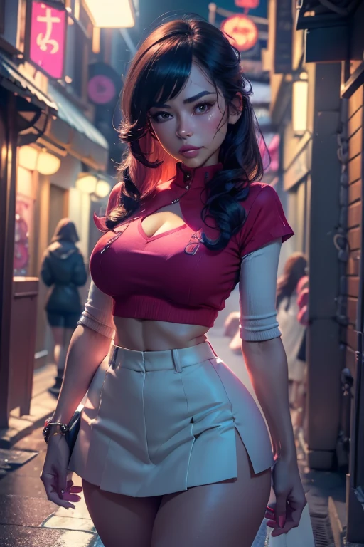 ((busty bitches)), Ecchi Pokemon girl in miniskirt , colourful clothes, located in nighttime dark alley of town, crying mascara lines, visible panties, looking at viewer nervously + frown, soft sensual lighting 