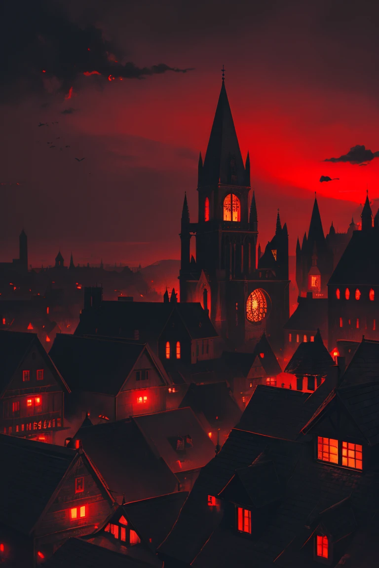 old European village shot with bird view, (Red glowing eyes), masterpiece, Depth of written boundary, Lutz, Gwaites style artwork, Gothic aesthetics, Dark Vampire village, ((in the dark gothic style cathle:1)), ((dark mid-night time:1.5)),