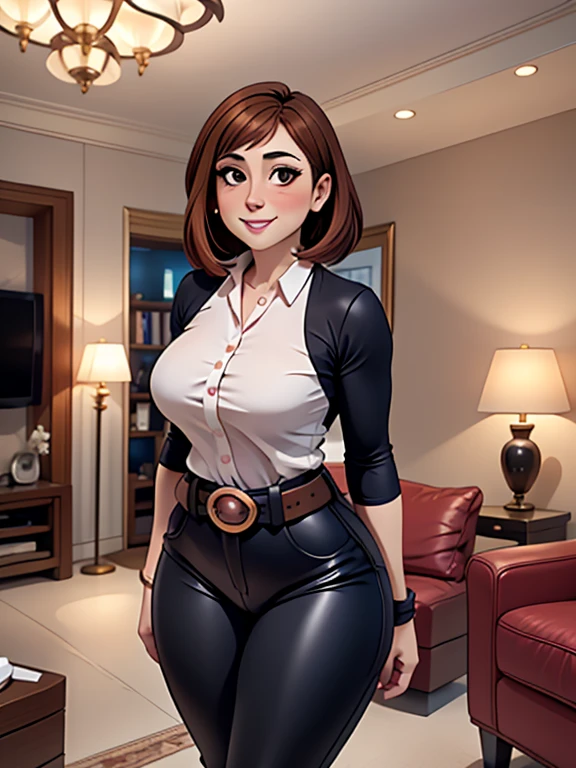 high quality, best quality, beautiful, perfect lighting, detailed face, mature face, ((1girl)), ((solo)), Imagine Ochaco Uraraka as an adult, 45 years old, MILF, plus sized milf, short brown hair, brown eyes, ((blush)), smile, looking at viewer, black leather pants, dark blue shirt, white belt, white heels, ((medium breasts)), wide hips, thick thighs, chubby, love handles, muffin-top, round belly, protruding gut, living room, hands on hips,
