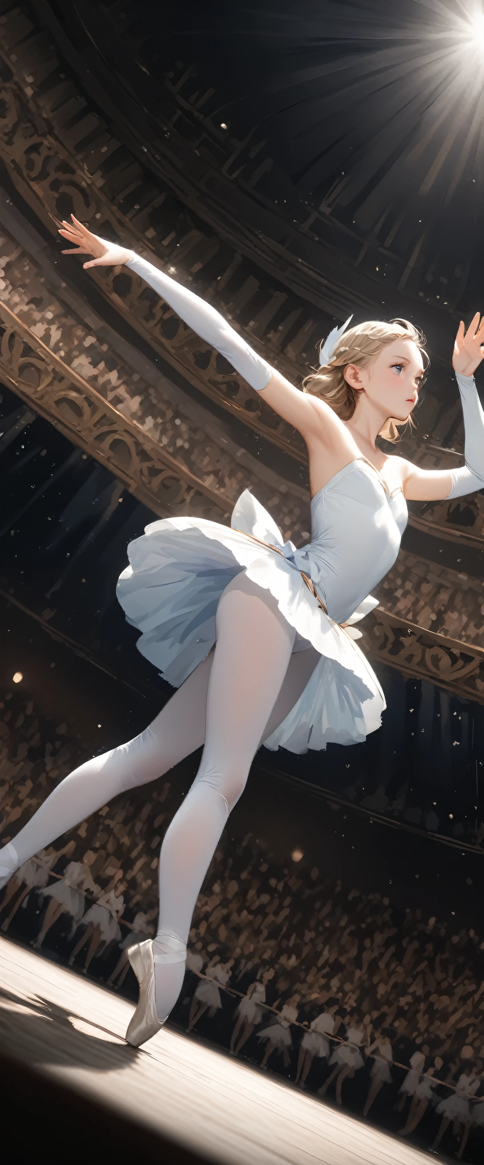 
quality\(masterpiece, best quality,8k,wallpaper of extremely detailed CG unit,hight resolution,top-quality,top-quality real texture skin,hyper realisitic,increase the resolution,RAW photos,best qualtiy,highly detailed,the wallpaper\), BREAK ,solo,1girl\(ballet dancer\(princess odette\), very beautiful,teen, white skin,smooth skin, shiny blonde hair, big eyes, well-defined face, sweat, long eyelashes, tutu dress\(beautiful,shiny, (Transparent:0.5), ballet shoes, slender, dancing\(Swan Lake\), (dynamic pose:1.6),full body,jumping\), BREAK ,background\(inside, ballet stage, dark, beautiful spotlight, simple\), (dynamic angle:1.6), (Pulitzer Prize winning photo:1.3), (award winning photo), beautiful lightworks, great shutter speed, great depth of subject, artistic photo,long shot