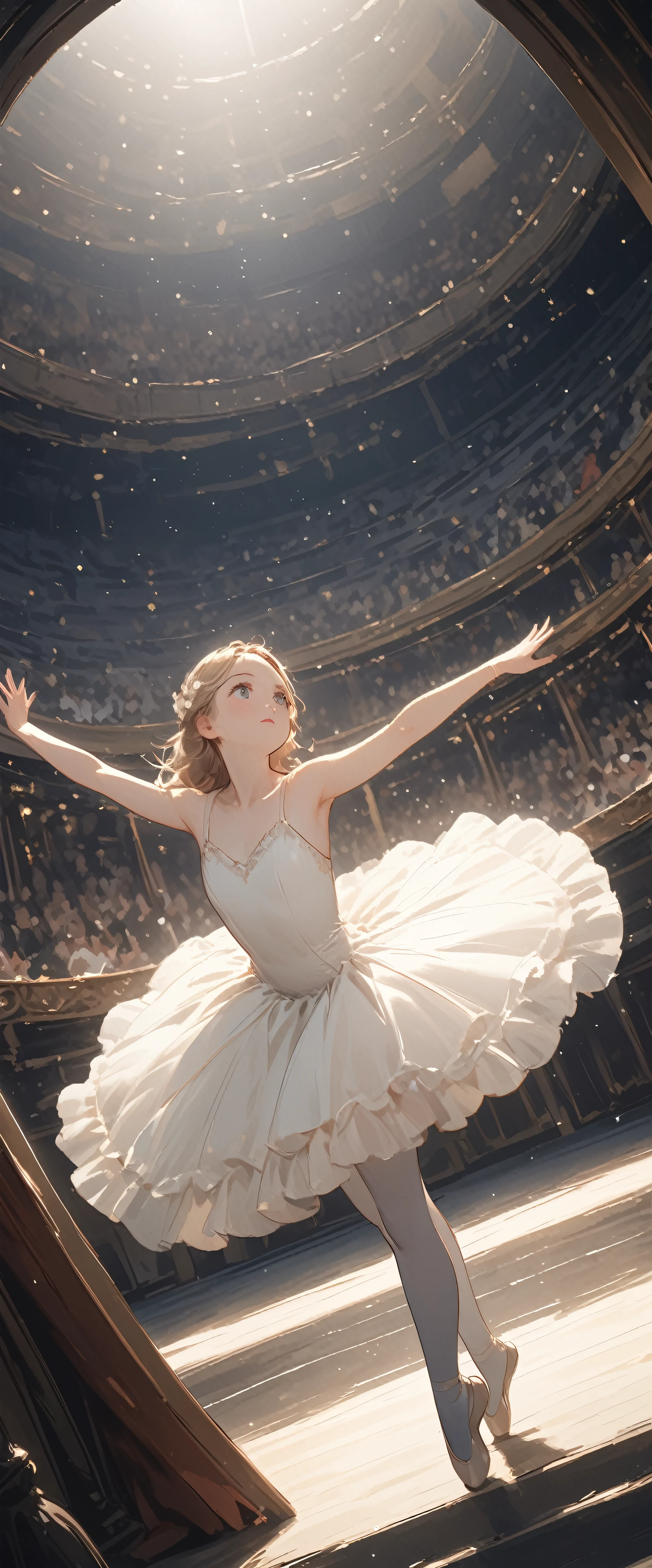 quality\(masterpiece, best quality,8k,wallpaper of extremely detailed CG unit,hight resolution,top-quality,top-quality real texture skin,hyper realisitic,increase the resolution,RAW photos,best qualtiy,highly detailed,the wallpaper\), BREAK ,solo,1girl\(ballet dancer\(princess odette\), very beautiful,teen, white skin,smooth skin, shiny blonde hair, big eyes, well-defined face, sweat, long eyelashes, tutu dress\(beautiful,shiny, (Transparent:0.5), ballet shoes, slender, dancing\(Swan Lake\), (dynamic pose:1.6),full body,in the air\), BREAK ,background\(inside, ballet stage, dark, beautiful spotlight, simple\), (dynamic angle:1.6), (Pulitzer Prize winning photo:1.3), (award winning photo), beautiful lightworks, great shutter speed, great depth of subject, artistic photo,(long shot:1.5),(wide shot:1.5)